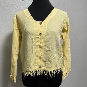 Aries & Taurus Women Fringe Trim Long Sleeve 100% Cotton Sun Yellow Top Small
